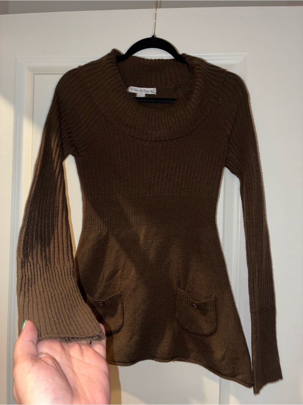 Love By Design Y2K Chocolate Brown Ribbed Cowl-Neck Sweater